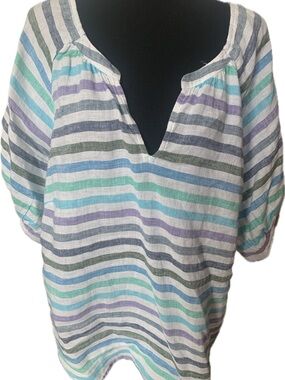 Talbots Striped Split-Neck Linen Tunic in Mint, Lavender, Blue and Black